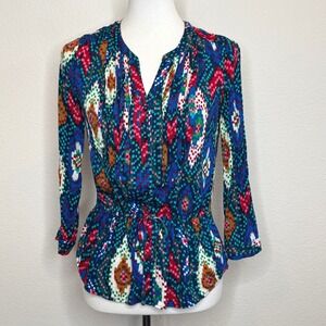 MAEVE Anthro Topoxte Blouse 2P Ikat Colorful Cinched Waist 3/4 Sleeves Button Up